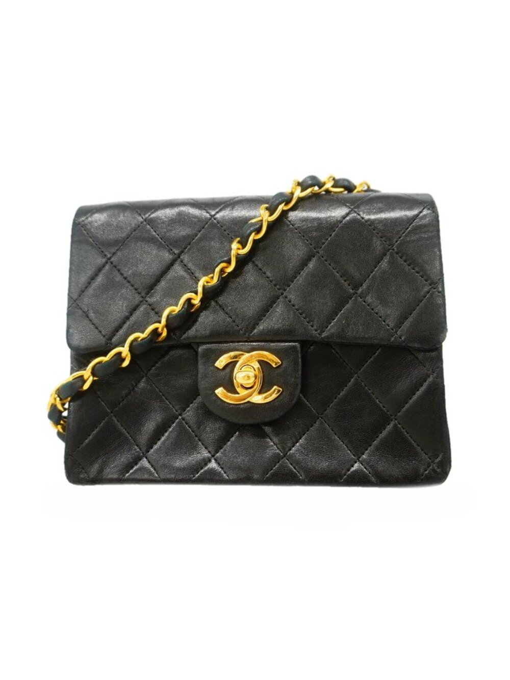 Chanel Shoulder Bag Mini Quilted Lambskin Black Gold